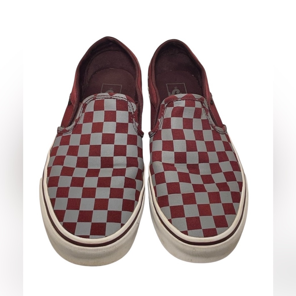 VANS Maroon Gray Iconic Checkerboard Slip-On Canvas Sneakers
Women’s Size 8